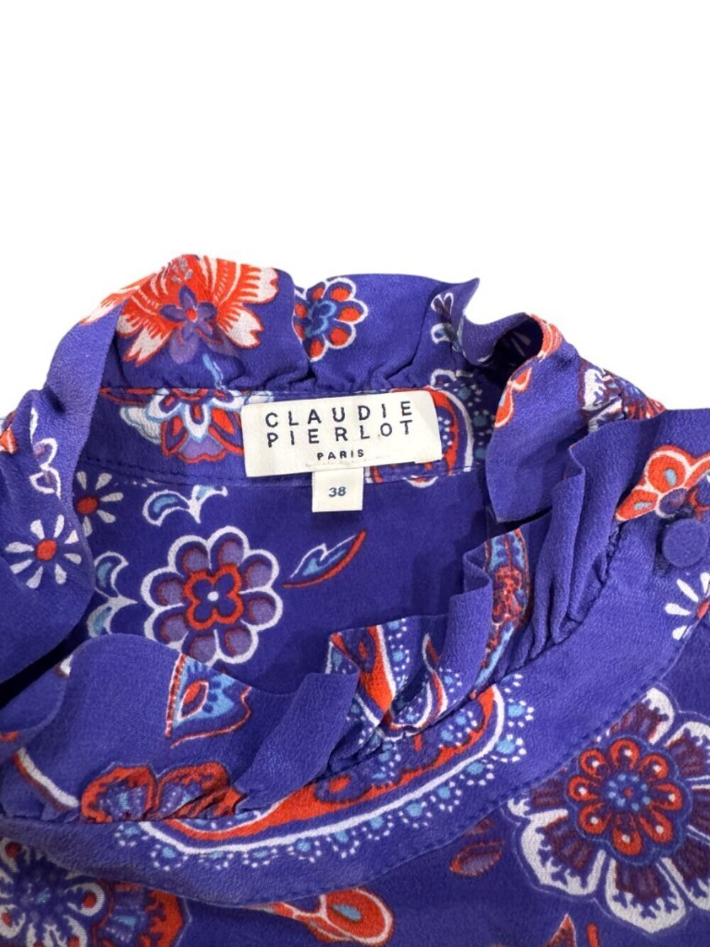 Claudie Pierlot Silk Floral Blouse Ruffle Neck Size 38 Blue Red Paisley - Picture 8 of 9